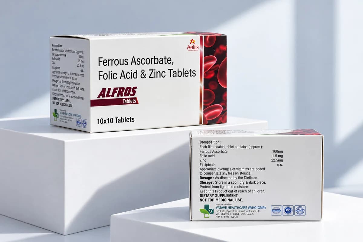 ALFROS (Film-coated tablet) packaging - Ferrous Ascorbate 100 mg + Folic Acid 1.5 mg + Zinc 22.5 mg