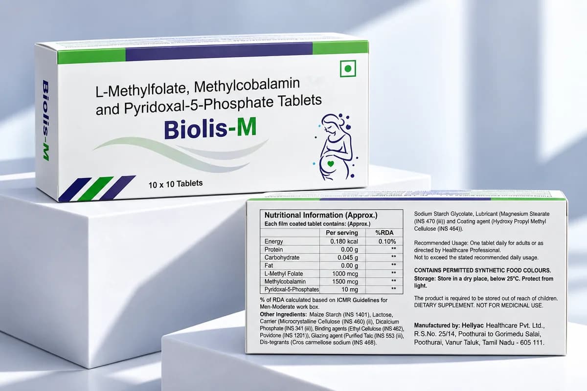 Biolis-M (Film-coated tablet) pharmaceutical packaging - L-Methyl Folate 1000 mcg + Methylcobalamin 1500 mcg + Pyridoxal-5-Phosphate 10 mg
