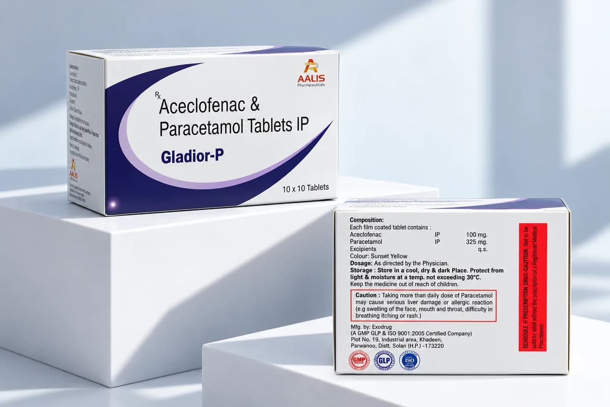 Gladior-P (Film-coated tablet) pharmaceutical packaging - Aceclofenac IP 100 mg + Paracetamol IP 325 mg