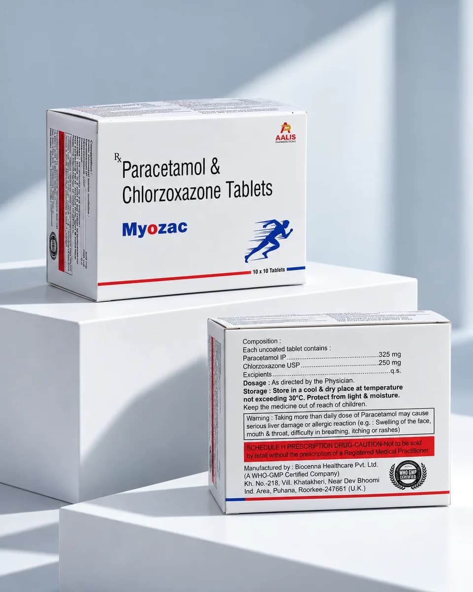 Myozac (Tablet) packaging - Paracetamol IP 325 mg + Chlorzoxazone USP 250 mg