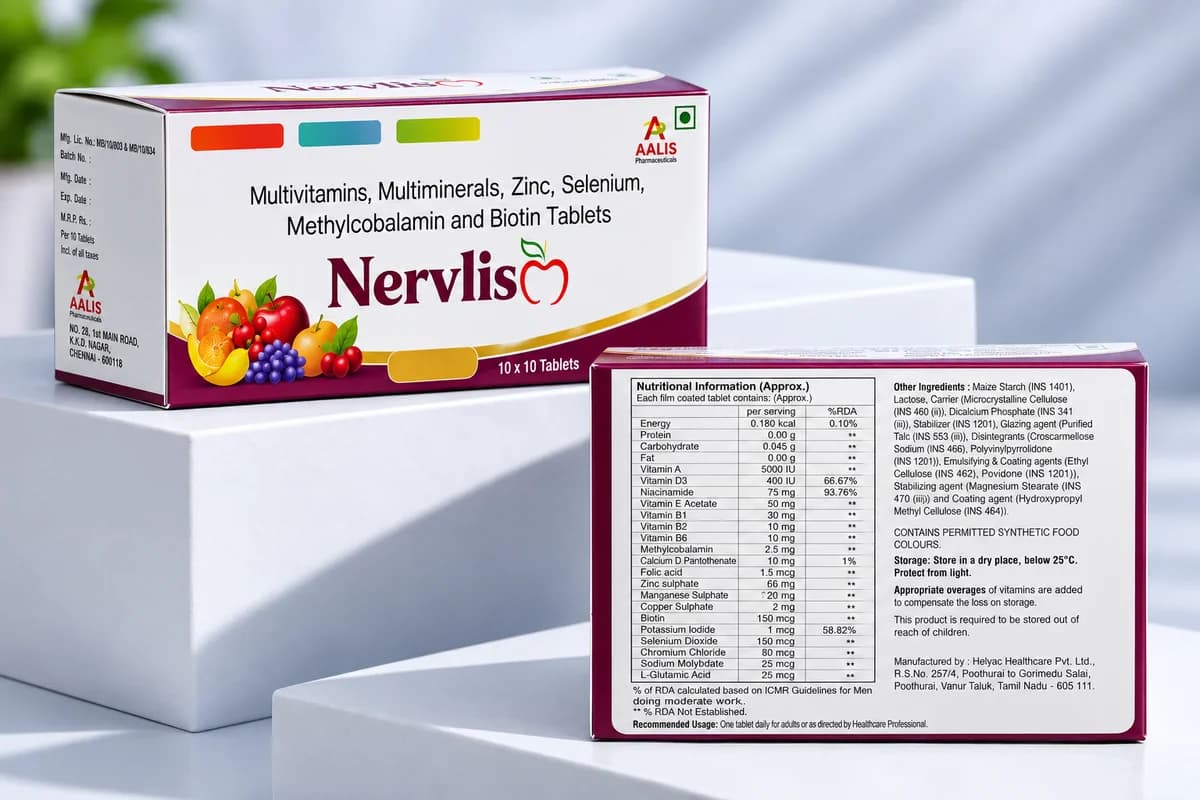 Nervlis (Film-coated tablet) pharmaceutical packaging - Multivitamins, Minerals & L-Glutamic Acid Comprehensive Formulation
