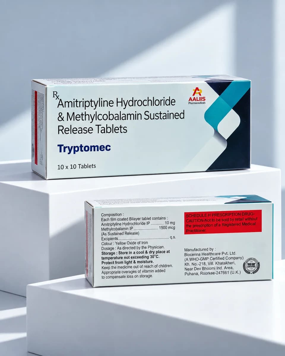 Tryptomec (Film-coated bilayer tablet) packaging - Amitriptyline Hydrochloride IP 10 mg + Methylcobalamin IP 1500 mcg (Sustained Release)